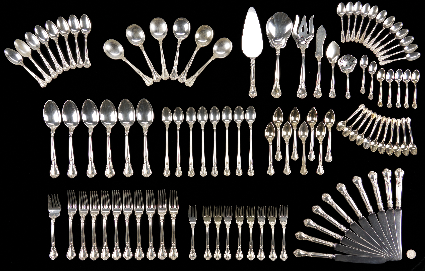 Lot 307: Gorham Sterling Flatware Set Plus 12 D & H Spoons, 102 pcs