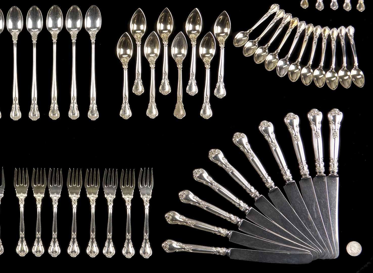 Lot 307: Gorham Sterling Flatware Set Plus 12 D & H Spoons, 102 pcs