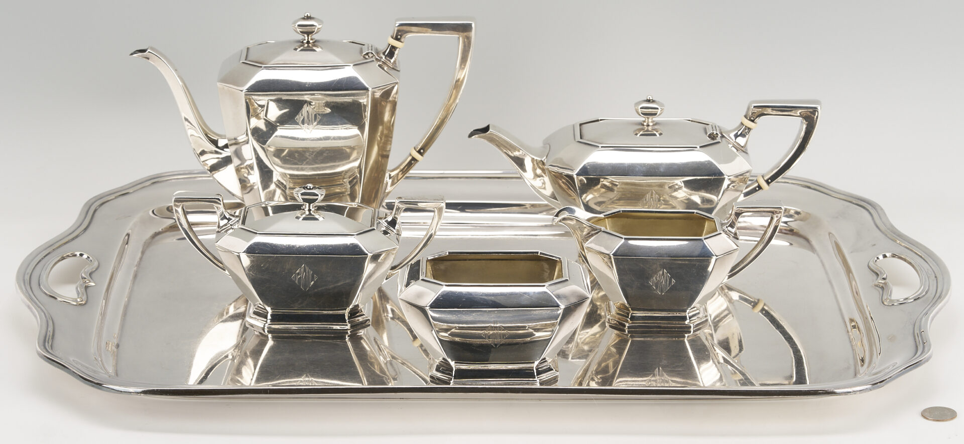 Lot 309: Gorham Fairfax 5 pc Sterling Tea Set w/ S/P Tray