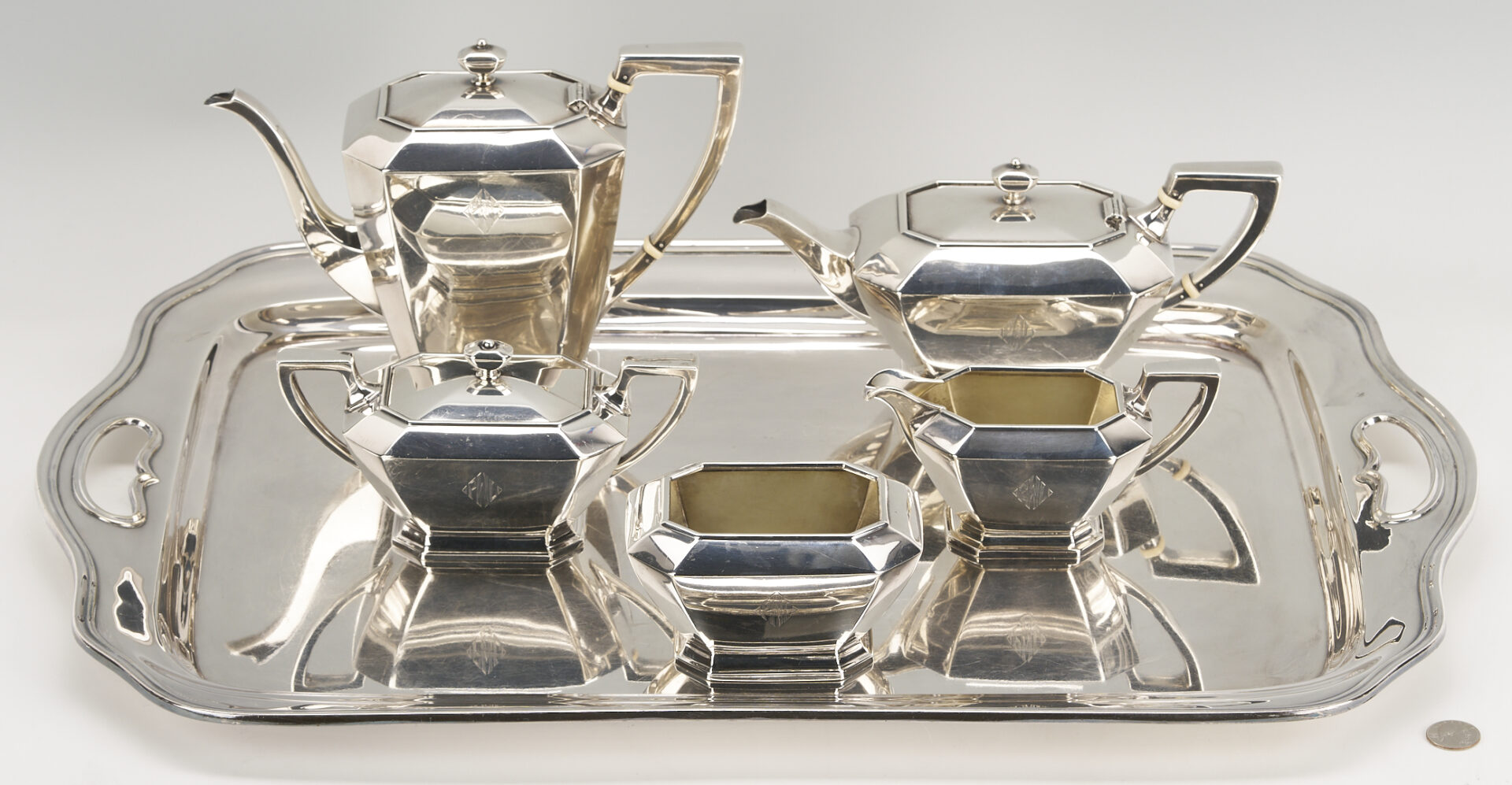 Lot 309: Gorham Fairfax 5 pc Sterling Tea Set w/ S/P Tray