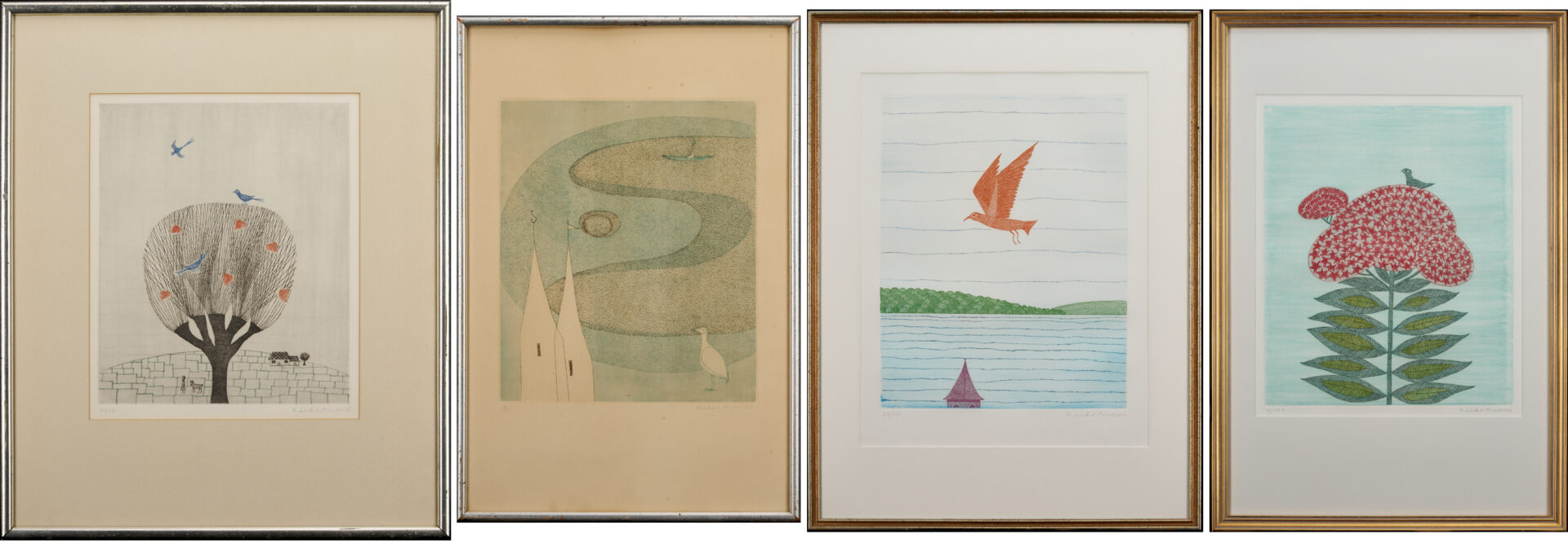 Lot 30: 4 Keiko Minami Etchings w/ Birds in Landscapes