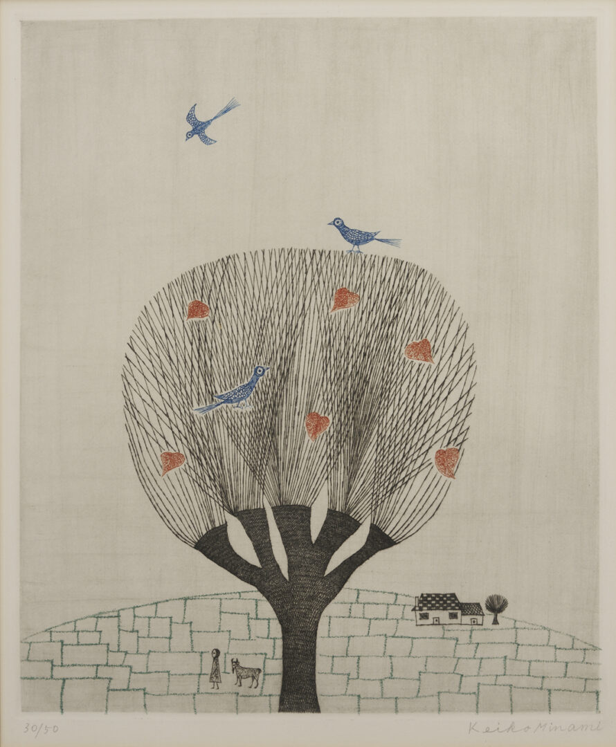 Lot 30: 4 Keiko Minami Etchings w/ Birds in Landscapes