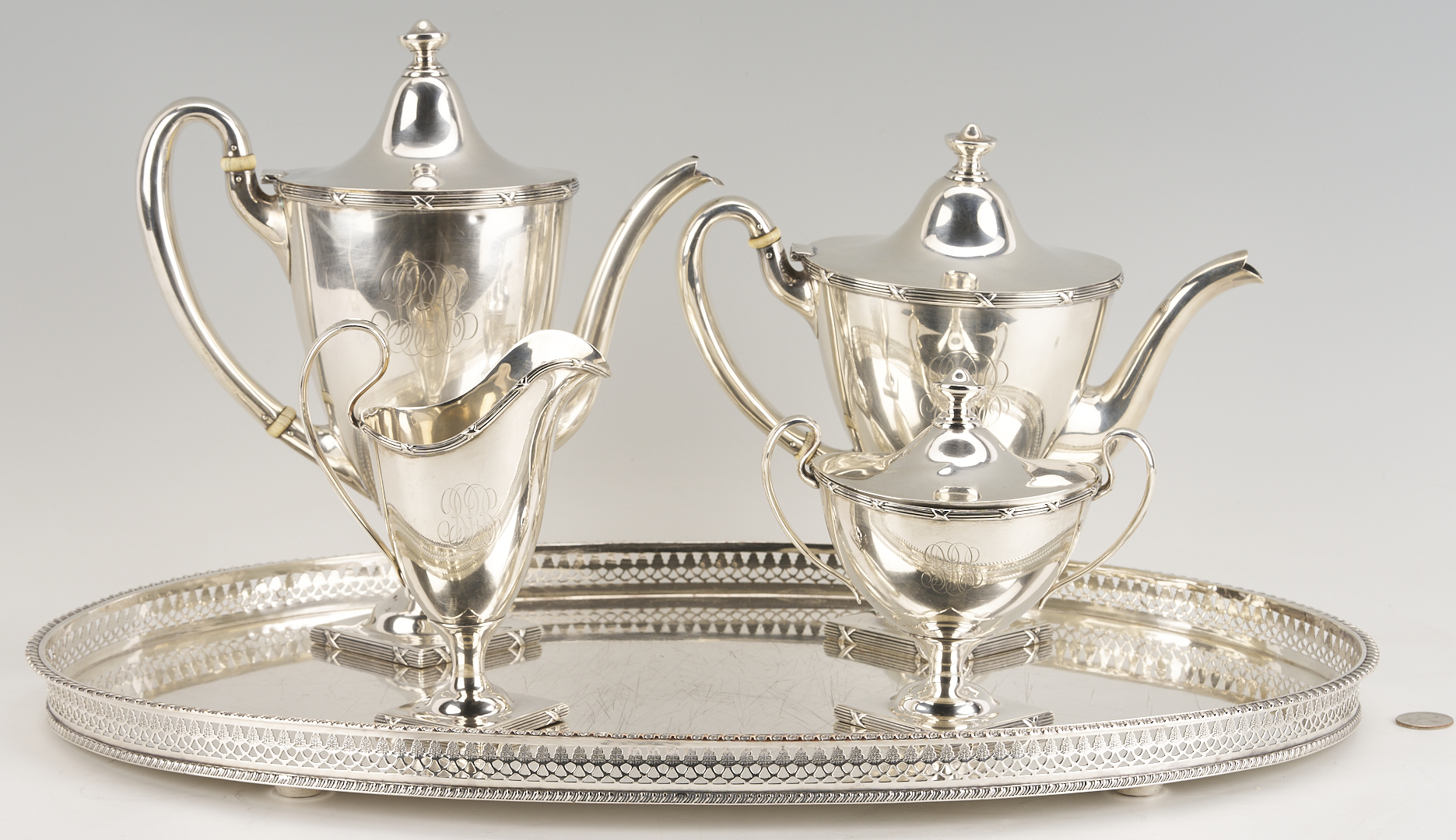 Lot 311: 4 pc Mauser Sterling Silver Tea Set plus Silverplated Tray