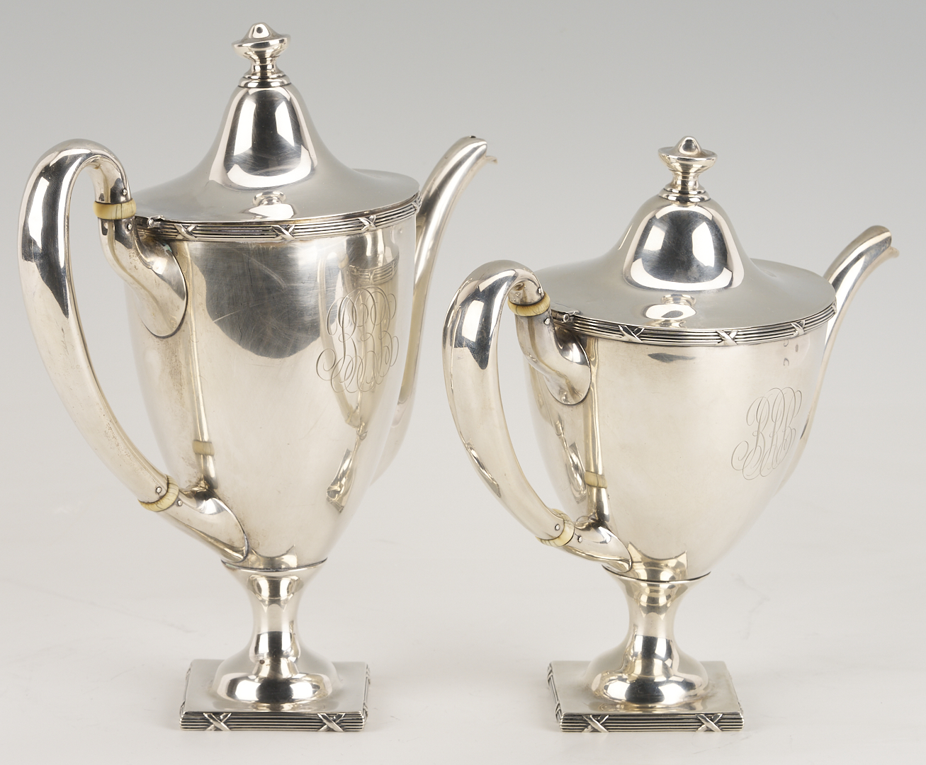 Lot 311: 4 pc Mauser Sterling Silver Tea Set plus Silverplated Tray
