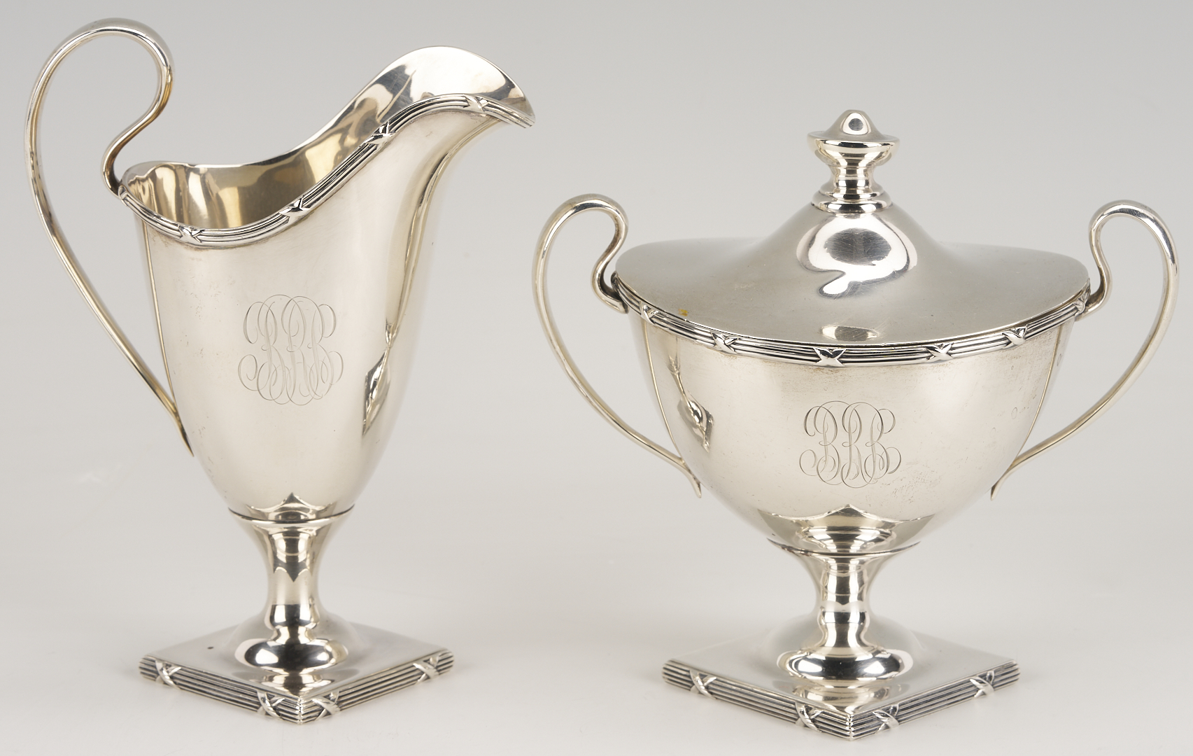 Lot 311: 4 pc Mauser Sterling Silver Tea Set plus Silverplated Tray