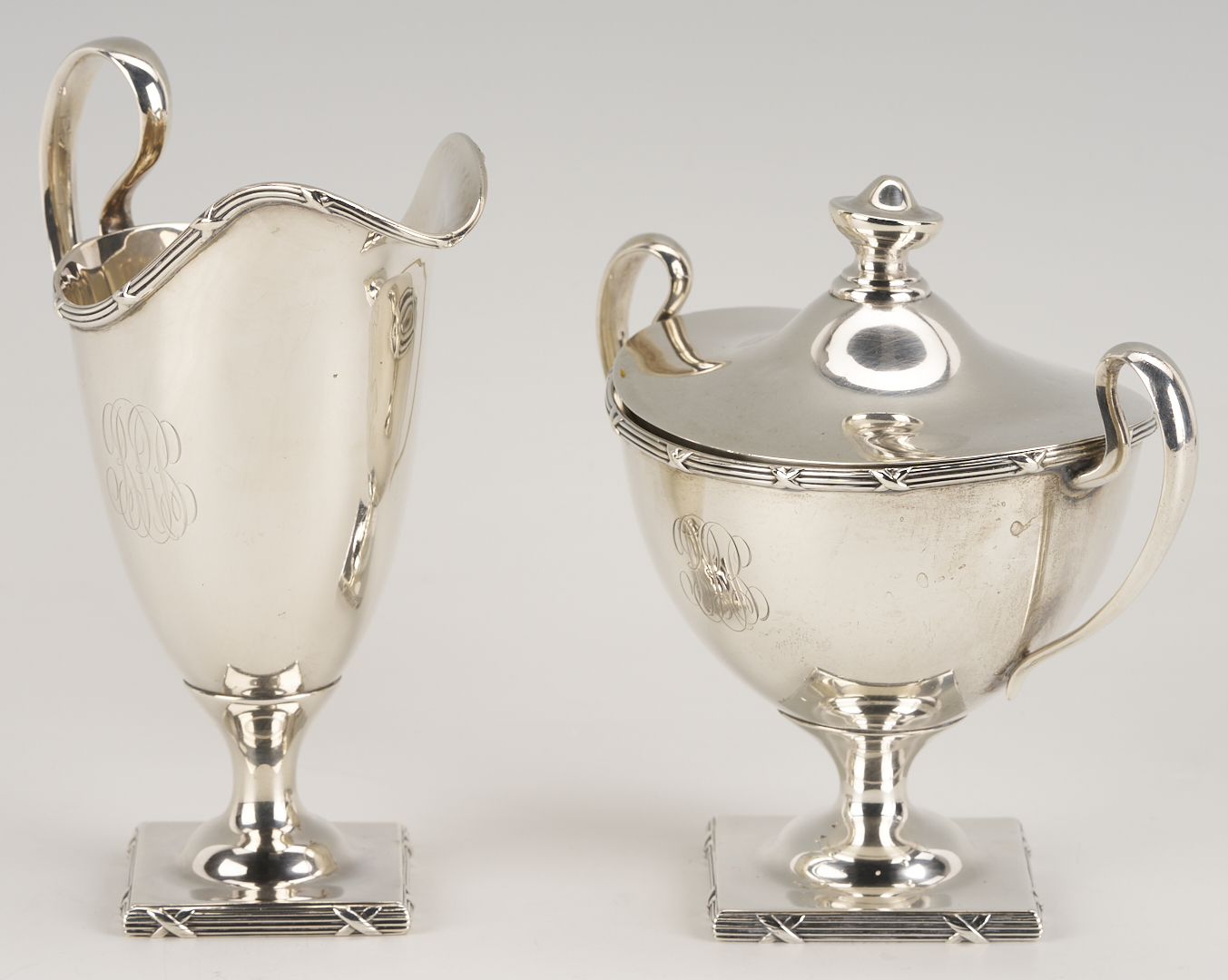 Lot 311: 4 pc Mauser Sterling Silver Tea Set plus Silverplated Tray
