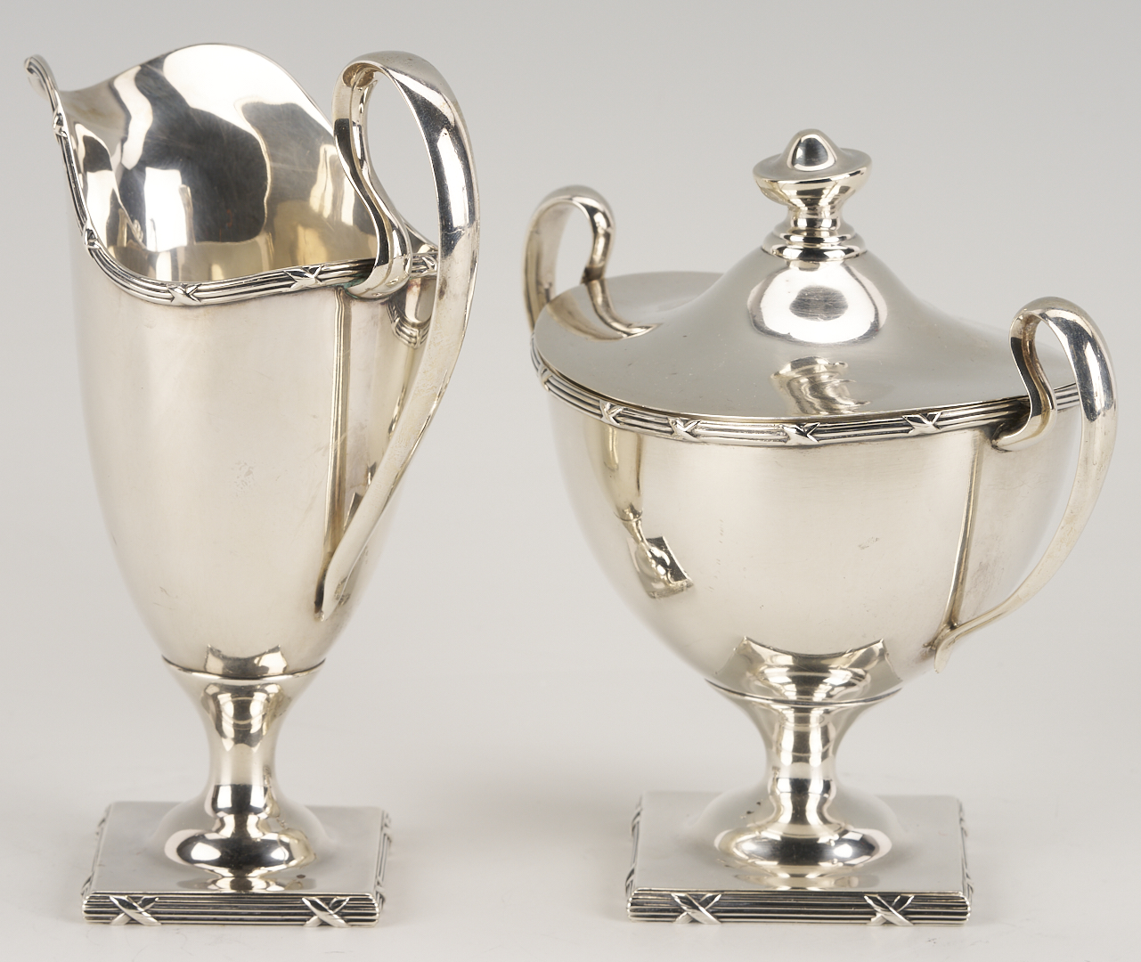 Lot 311: 4 pc Mauser Sterling Silver Tea Set plus Silverplated Tray