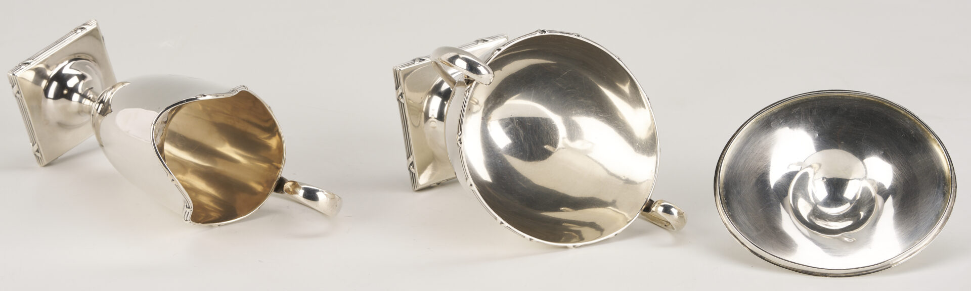 Lot 311: 4 pc Mauser Sterling Silver Tea Set plus Silverplated Tray