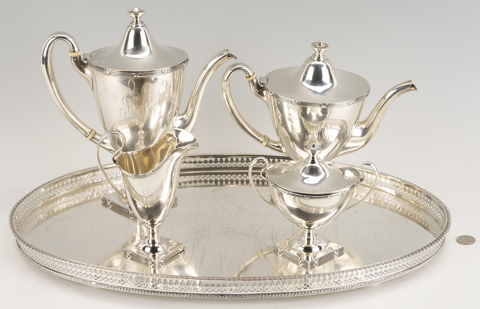 Lot 311: 4 pc Mauser Sterling Silver Tea Set plus Silverplated Tray