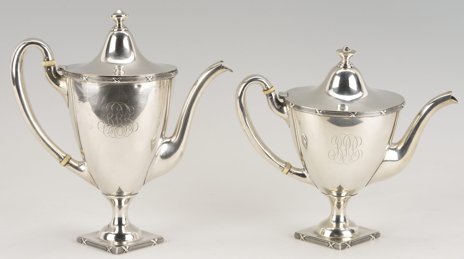 Lot 311: 4 pc Mauser Sterling Silver Tea Set plus Silverplated Tray
