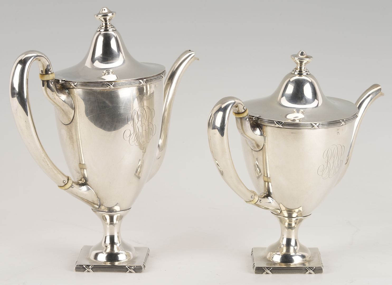 Lot 311: 4 pc Mauser Sterling Silver Tea Set plus Silverplated Tray