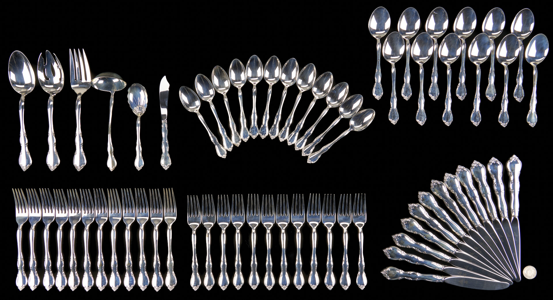 Lot 313: 66 Pcs Gorham Sterling Silver Rose Tiara Flatware