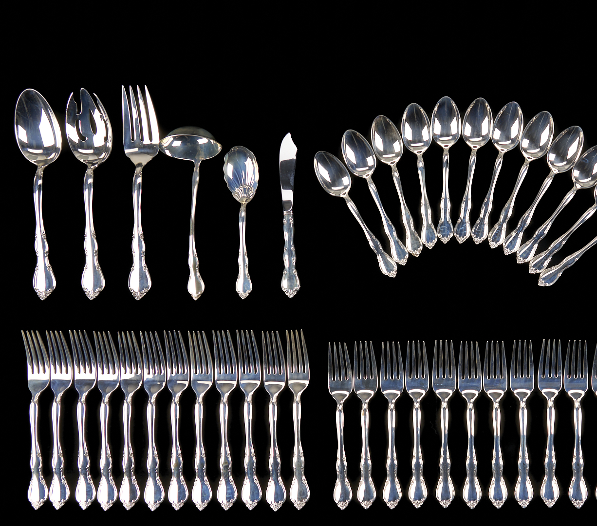 Lot 313: 66 Pcs Gorham Sterling Silver Rose Tiara Flatware
