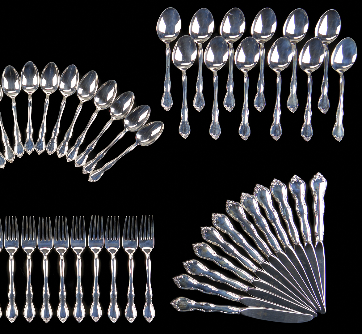 Lot 313: 66 Pcs Gorham Sterling Silver Rose Tiara Flatware