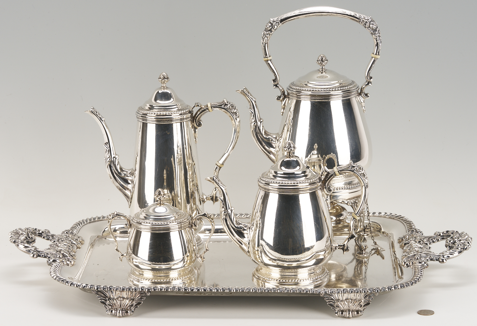 Lot 31: Sterling Silver Tea Set with Kettle, 131 oz, plus tray