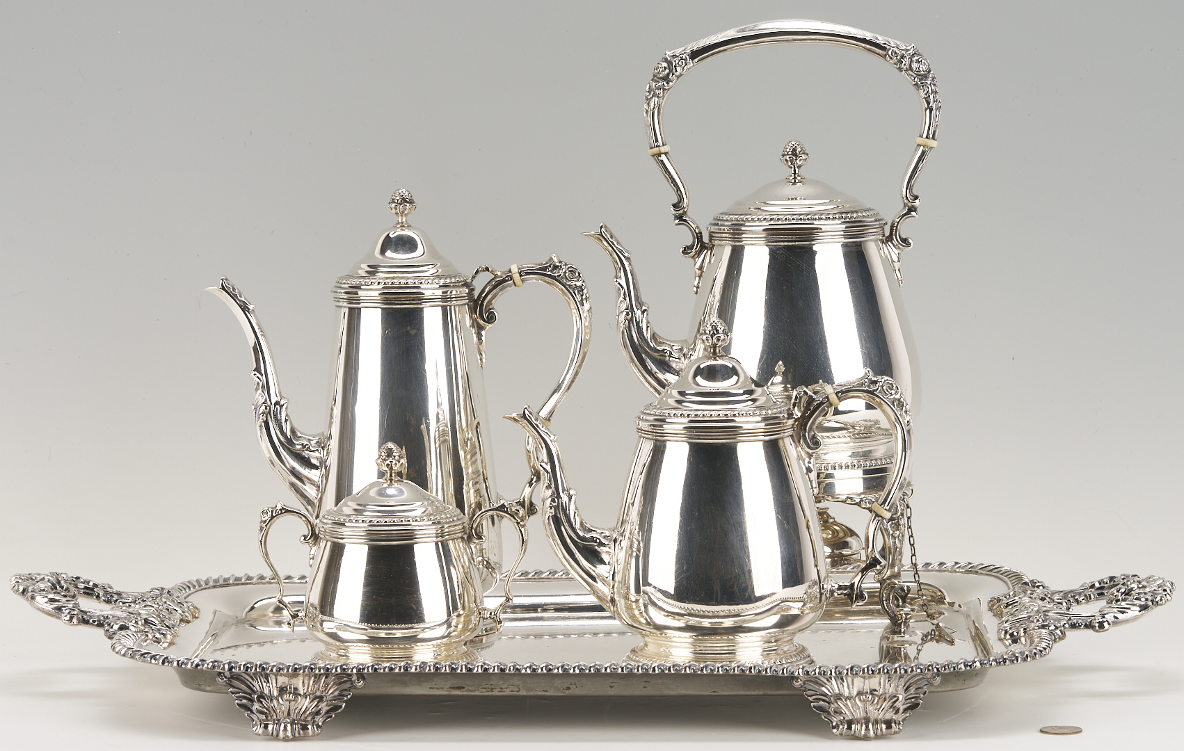 Lot 31: Sterling Silver Tea Set with Kettle, 131 oz, plus tray