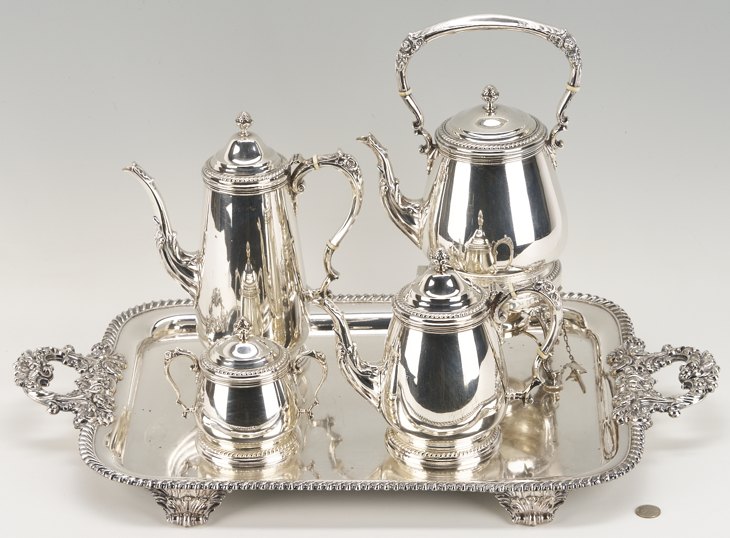 Lot 31: Sterling Silver Tea Set with Kettle, 131 oz, plus tray