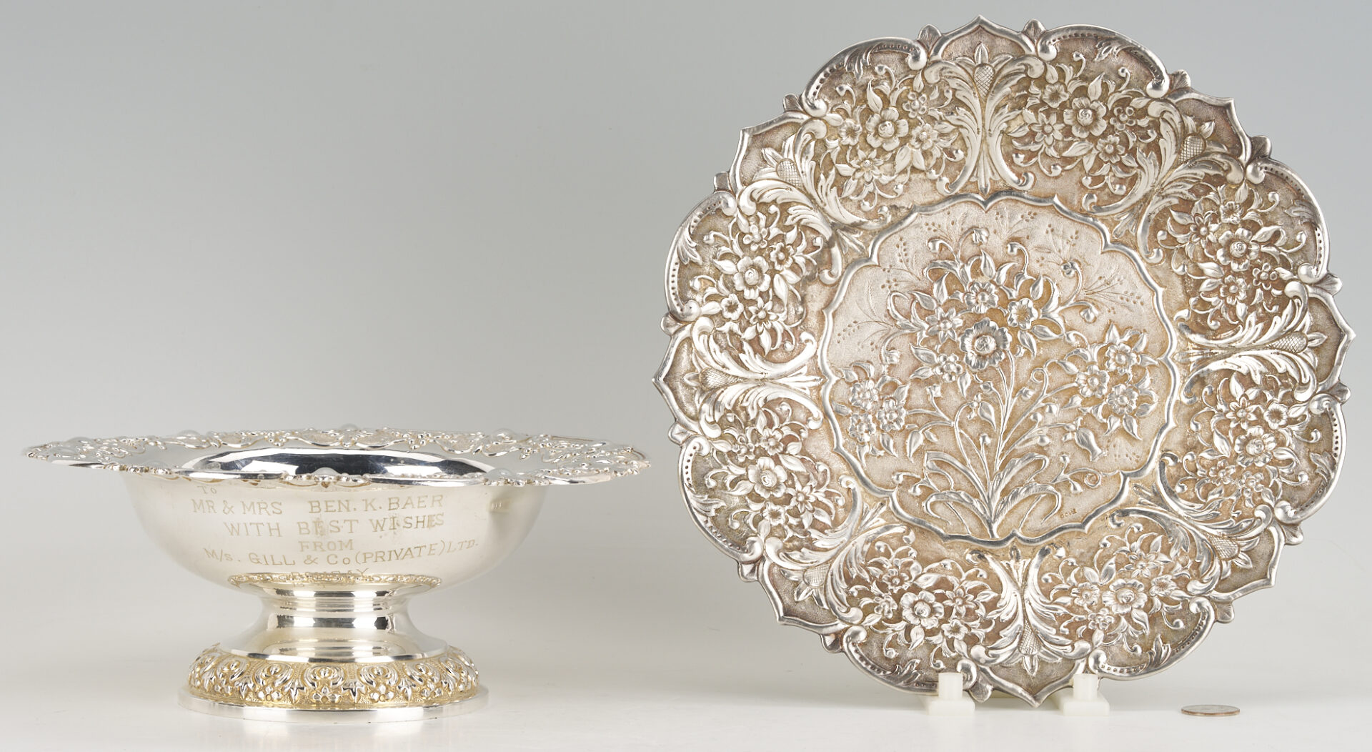 Lot 32: Indian Silver Floral Dish and Compote, Presentation Inscription
