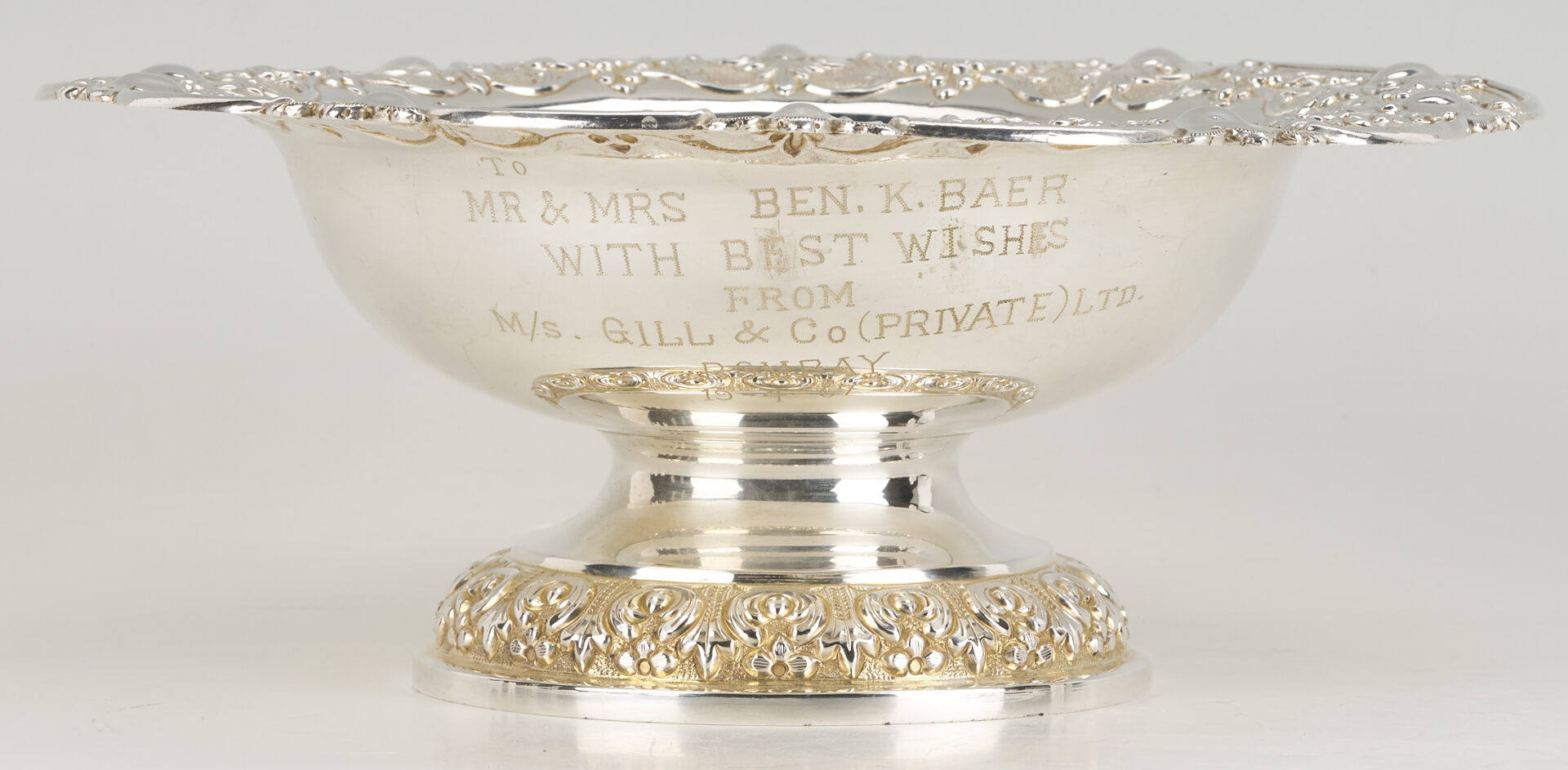 Lot 32: Indian Silver Floral Dish and Compote, Presentation Inscription