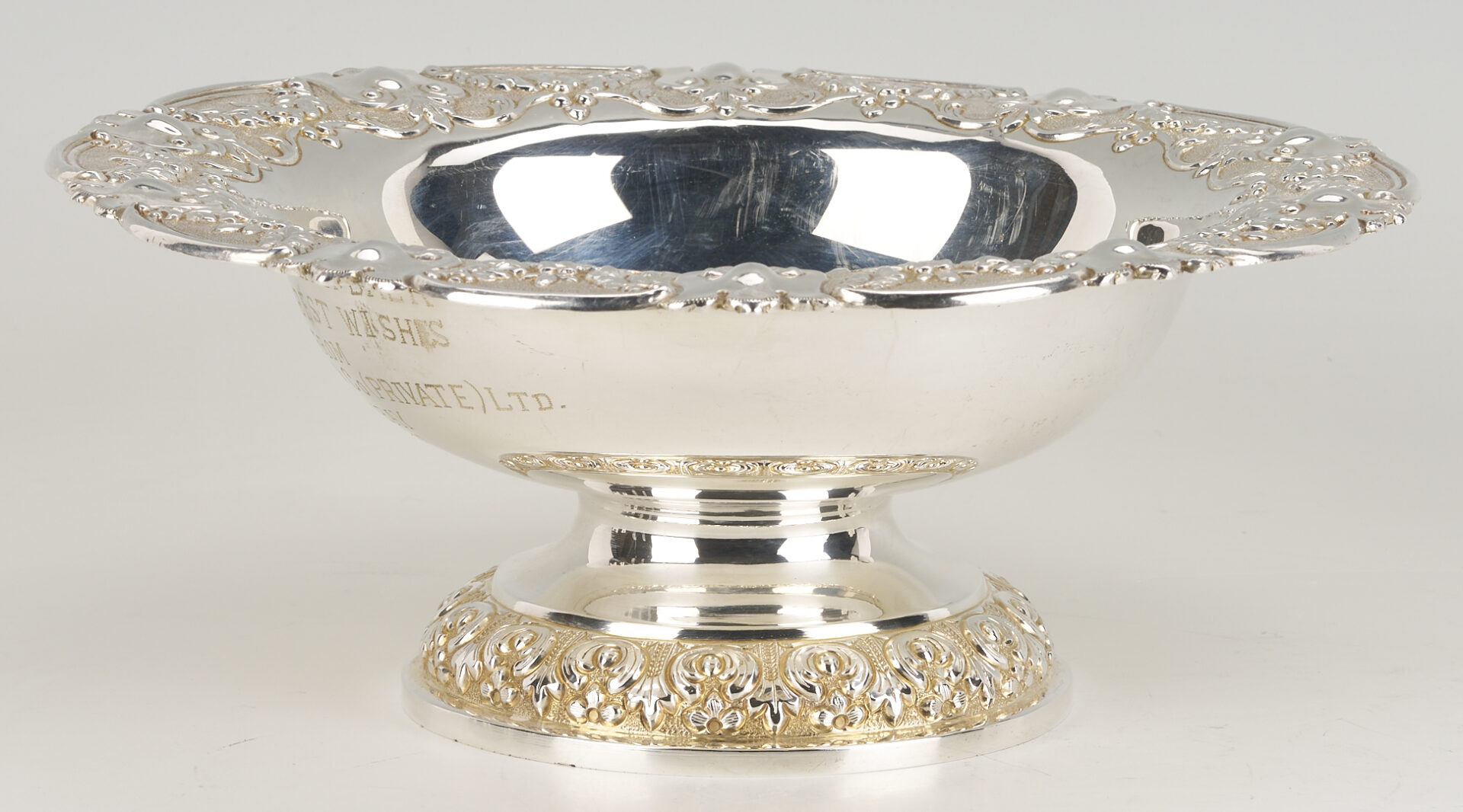 Lot 32: Indian Silver Floral Dish and Compote, Presentation Inscription