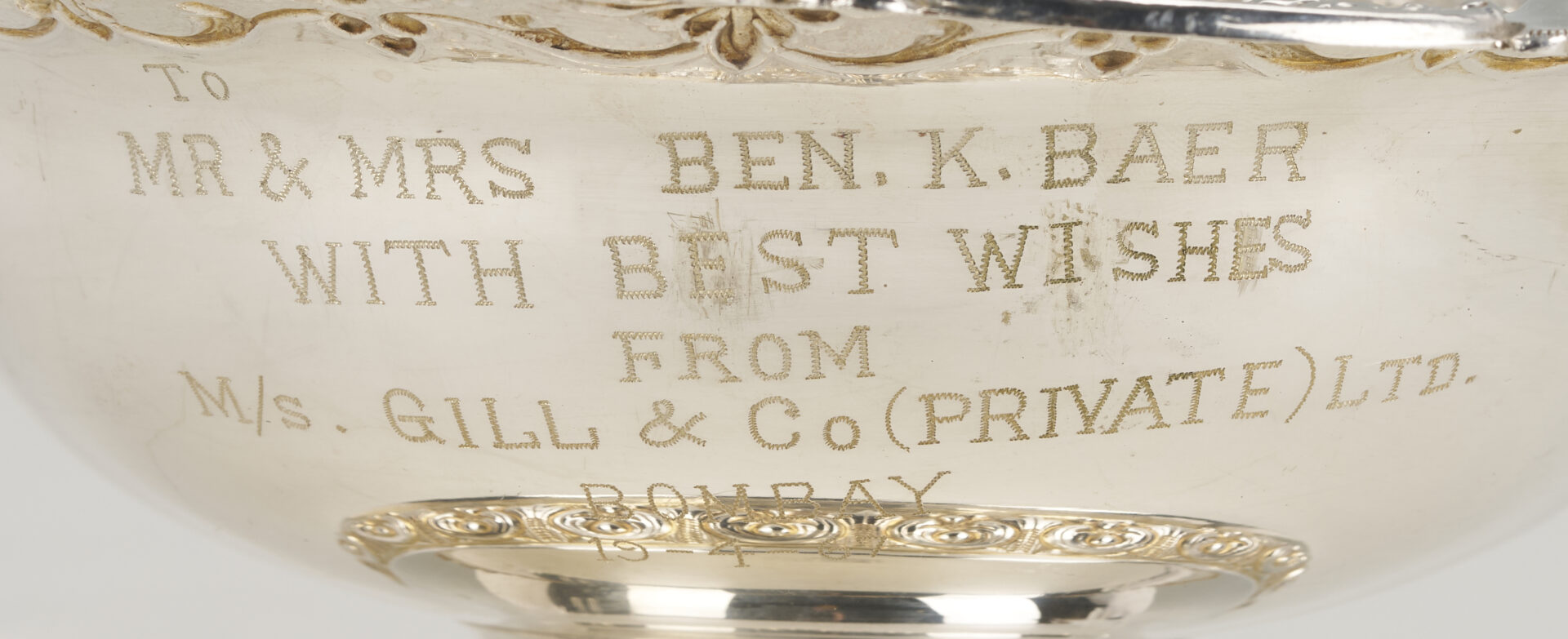 Lot 32: Indian Silver Floral Dish and Compote, Presentation Inscription