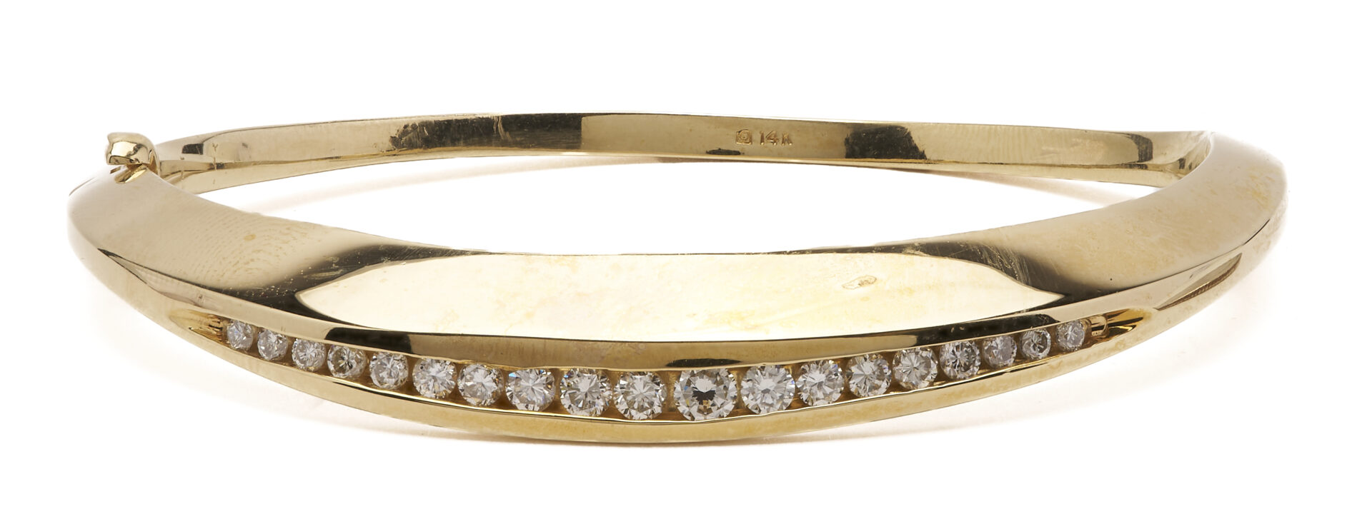 Lot 332: Modernist 14K Gold & Diamond Hinged Bangle Bracelet