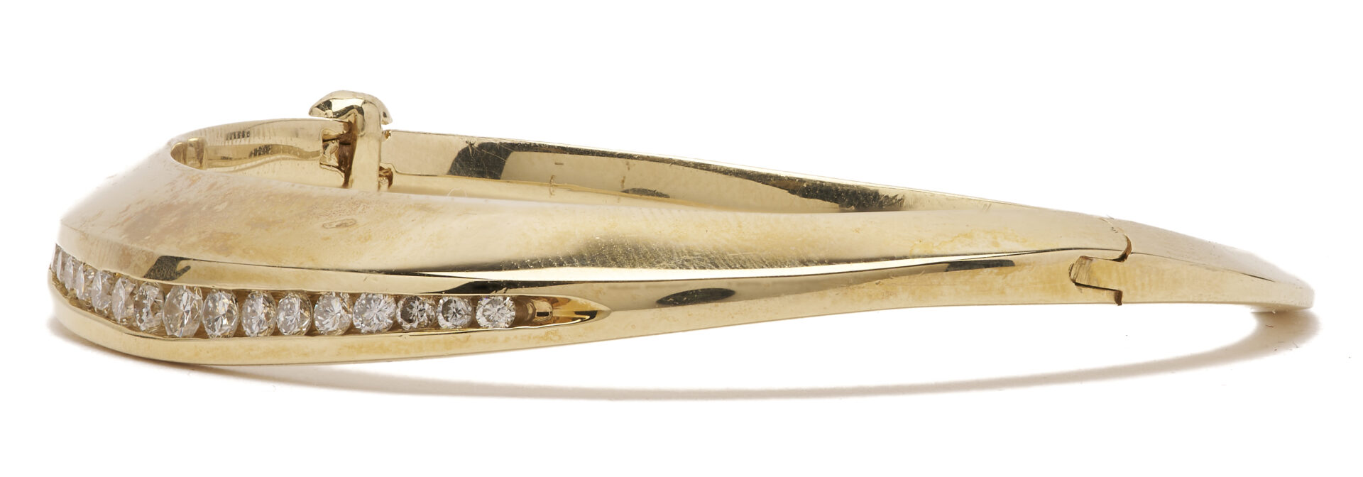 Lot 332: Modernist 14K Gold & Diamond Hinged Bangle Bracelet