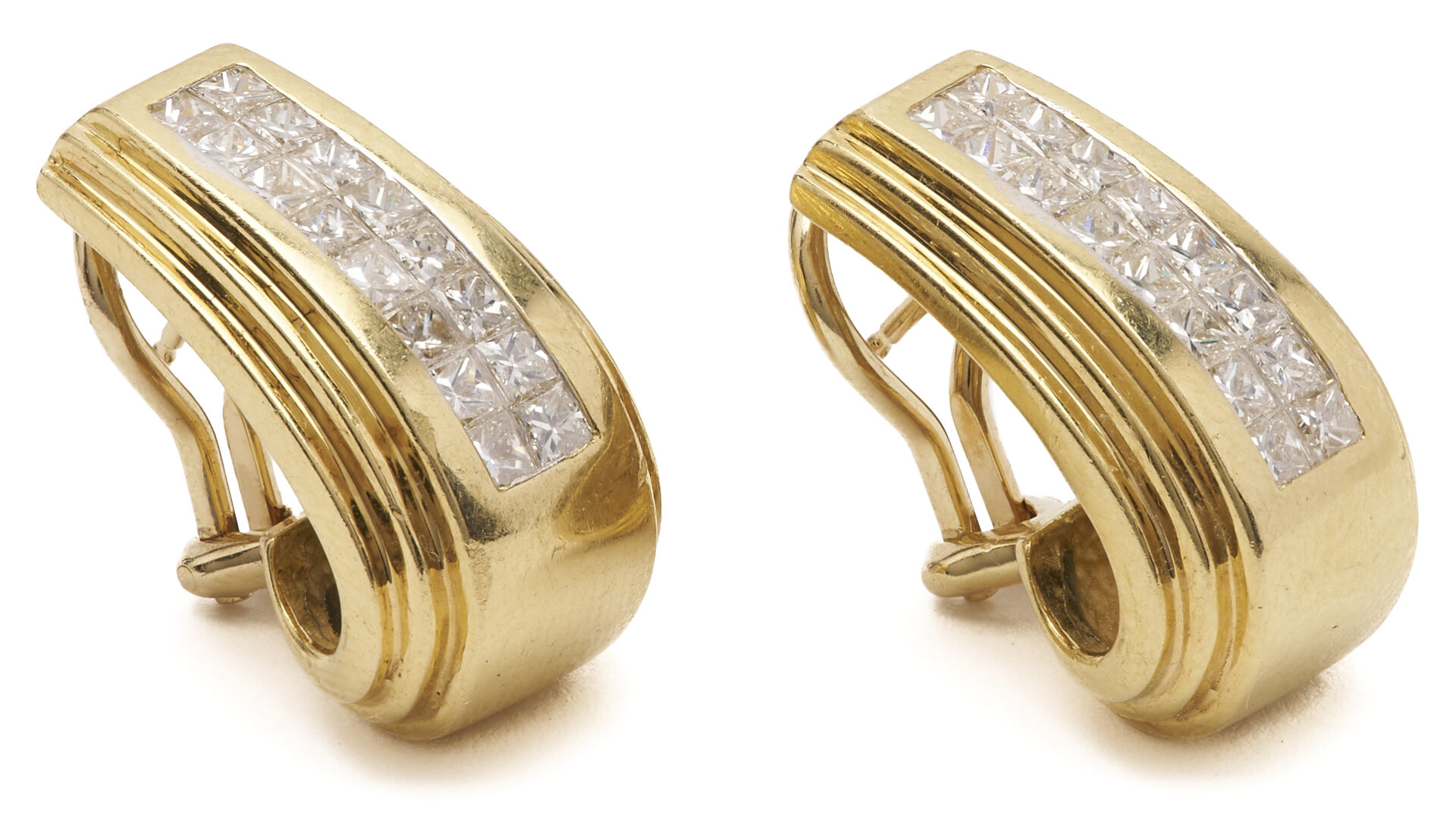Lot 337: 18K & 14K J Style Invisibly Princess Cut Diamond Earrings