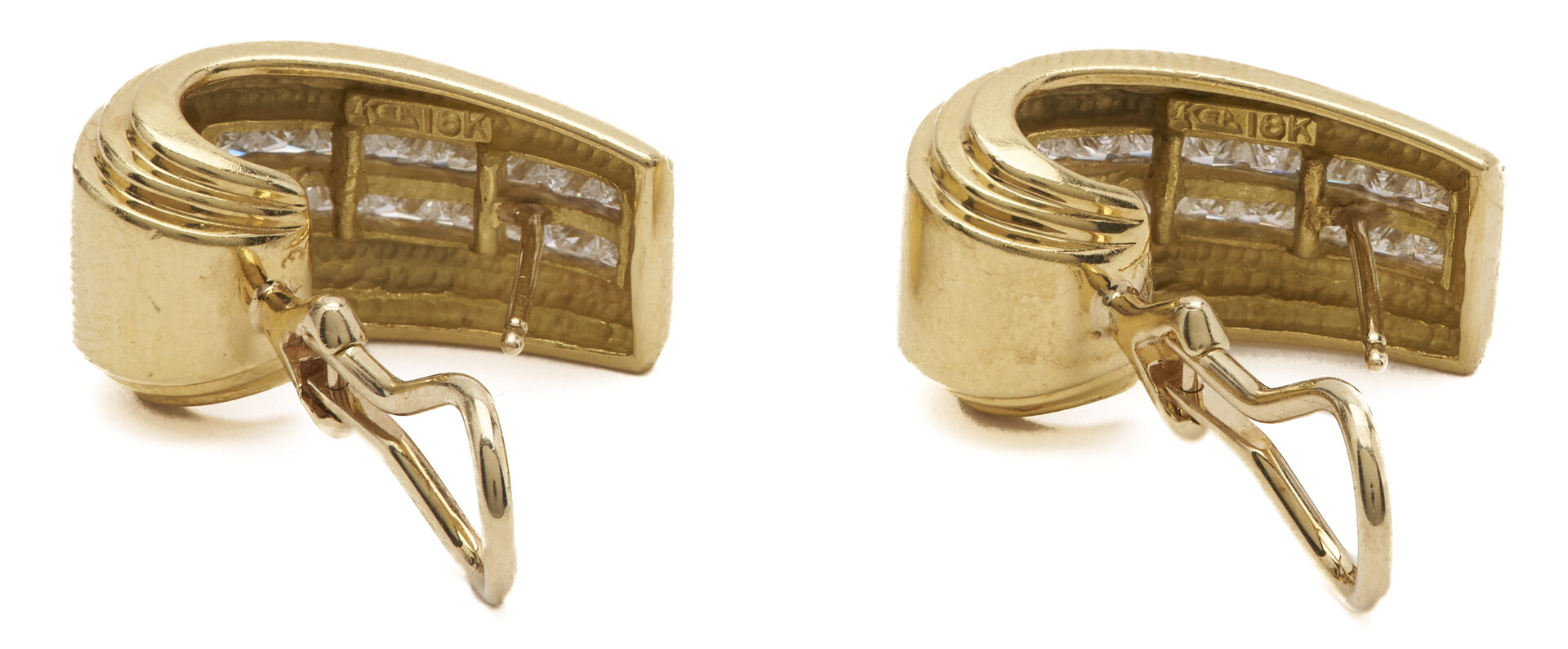 Lot 337: 18K & 14K J Style Invisibly Princess Cut Diamond Earrings