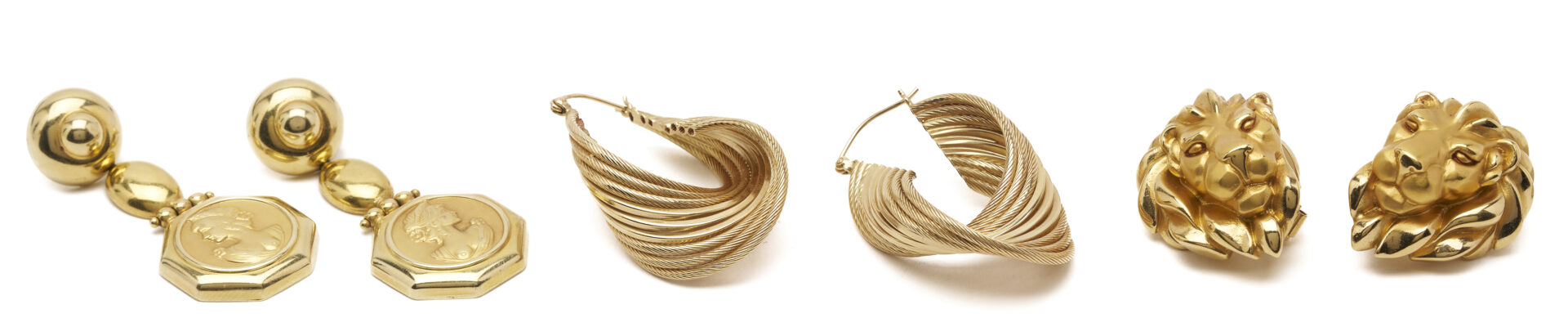 Lot 339: 3 Pairs Ladies’ Vintage Yellow Gold Earrings, 18K & 14K