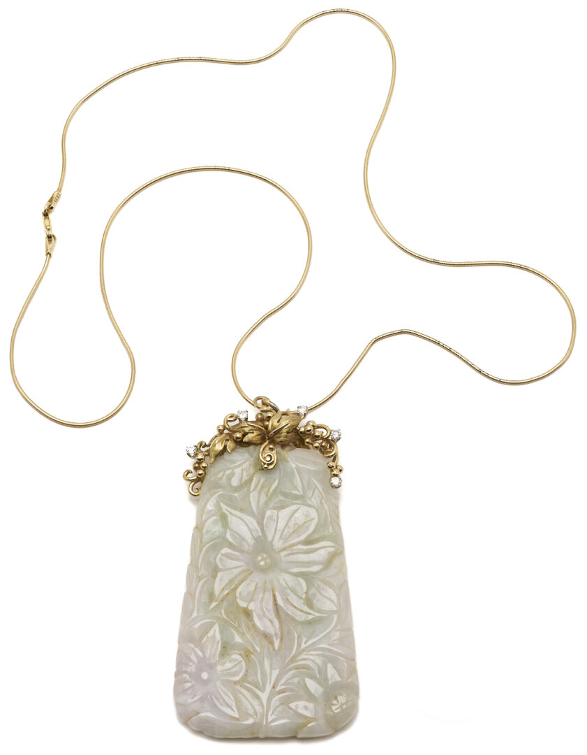 Lot 33: Carved 14K Jadeite & Diamond Pendant Necklace