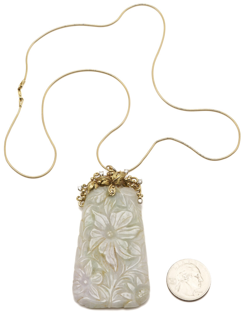 Lot 33: Carved 14K Jadeite & Diamond Pendant Necklace
