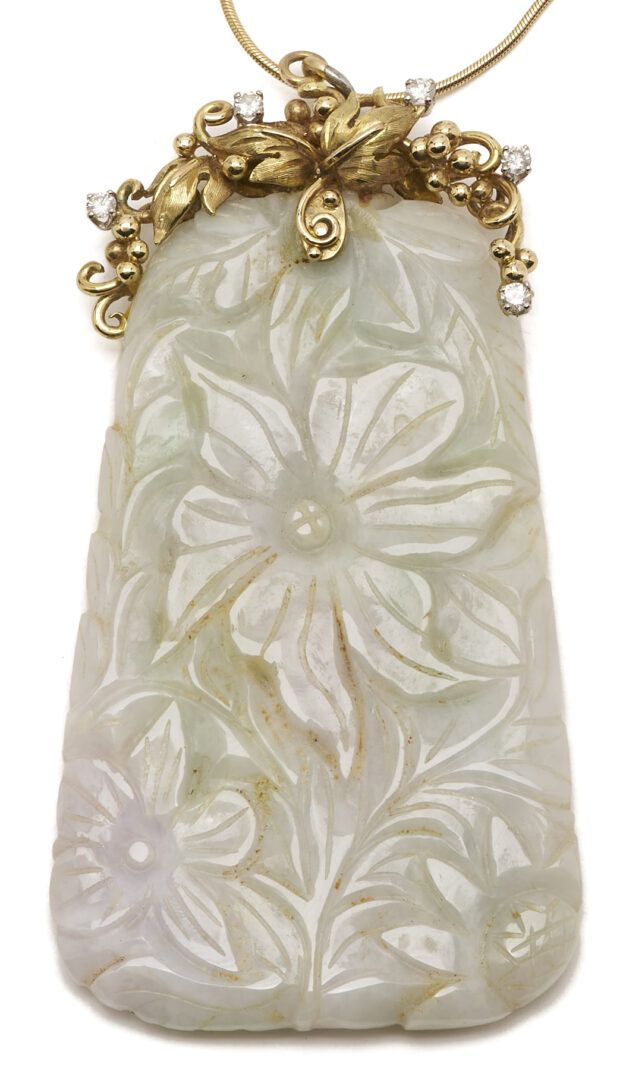 Lot 33: Carved 14K Jadeite & Diamond Pendant Necklace