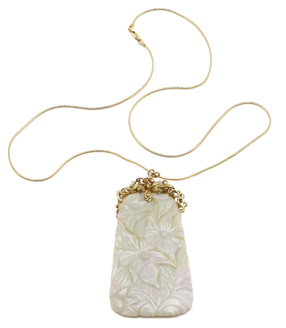 Lot 33: Carved 14K Jadeite & Diamond Pendant Necklace