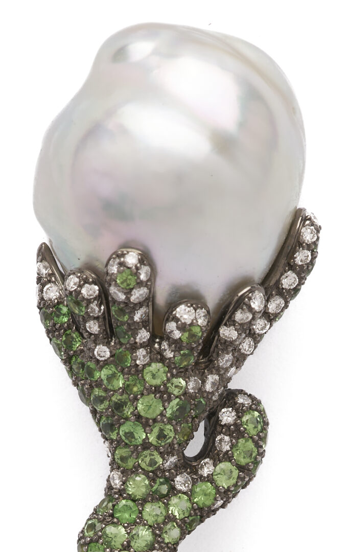 Lot 341: 18K South Sea Pearl, Diamond, & Tsavorite Garnet Bar Pin