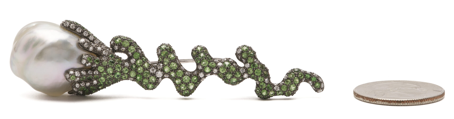 Lot 341: 18K South Sea Pearl, Diamond, & Tsavorite Garnet Bar Pin