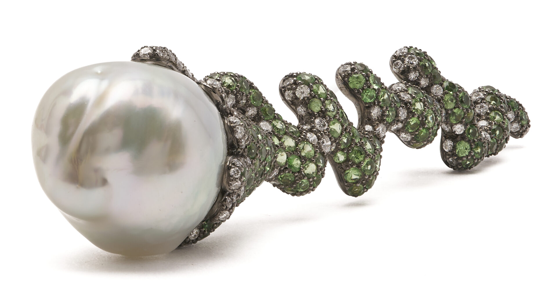 Lot 341: 18K South Sea Pearl, Diamond, & Tsavorite Garnet Bar Pin