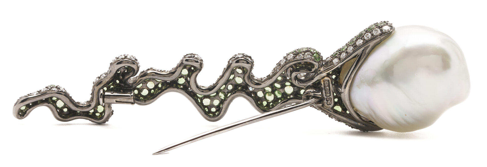 Lot 341: 18K South Sea Pearl, Diamond, & Tsavorite Garnet Bar Pin