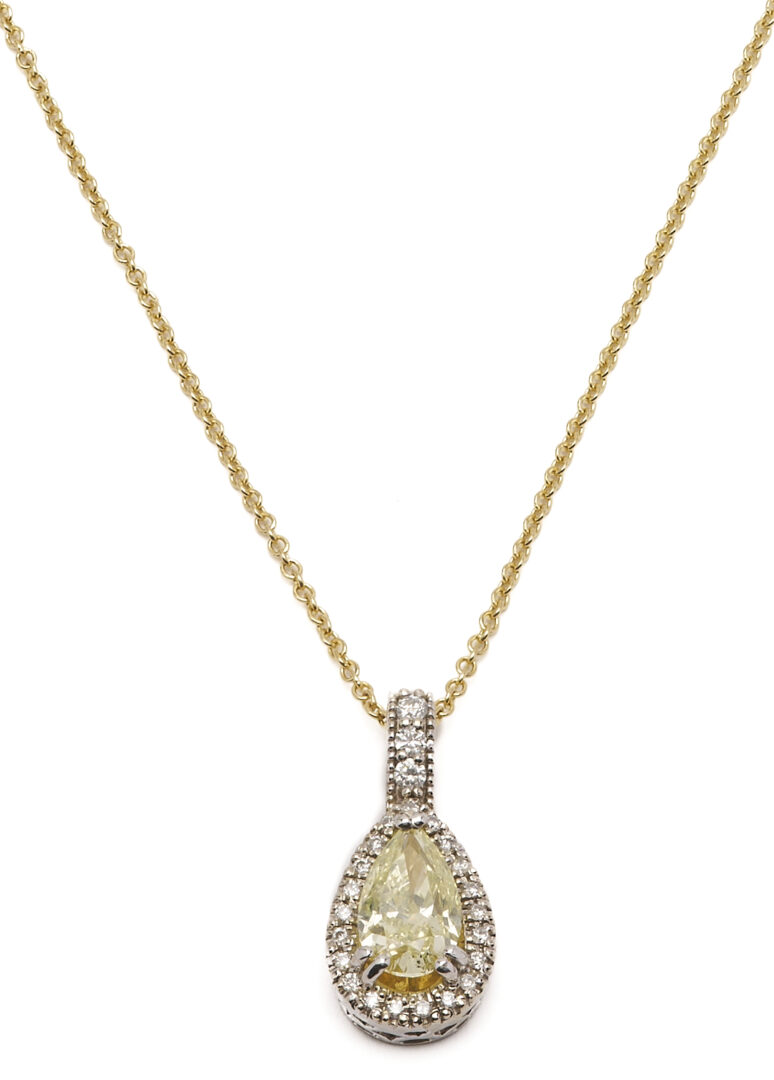 Lot 348: 14K Pear-Shaped Yellow Diamond Pendant Necklace
