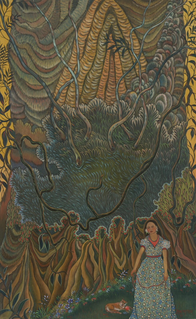 Lot 356: Paul Lancaster O/C Painting, Woman and Cat in Landscape
