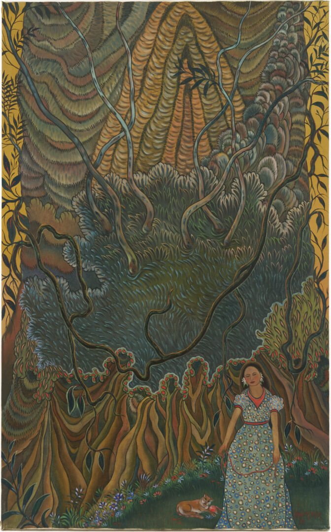 Lot 356: Paul Lancaster O/C Painting, Woman and Cat in Landscape