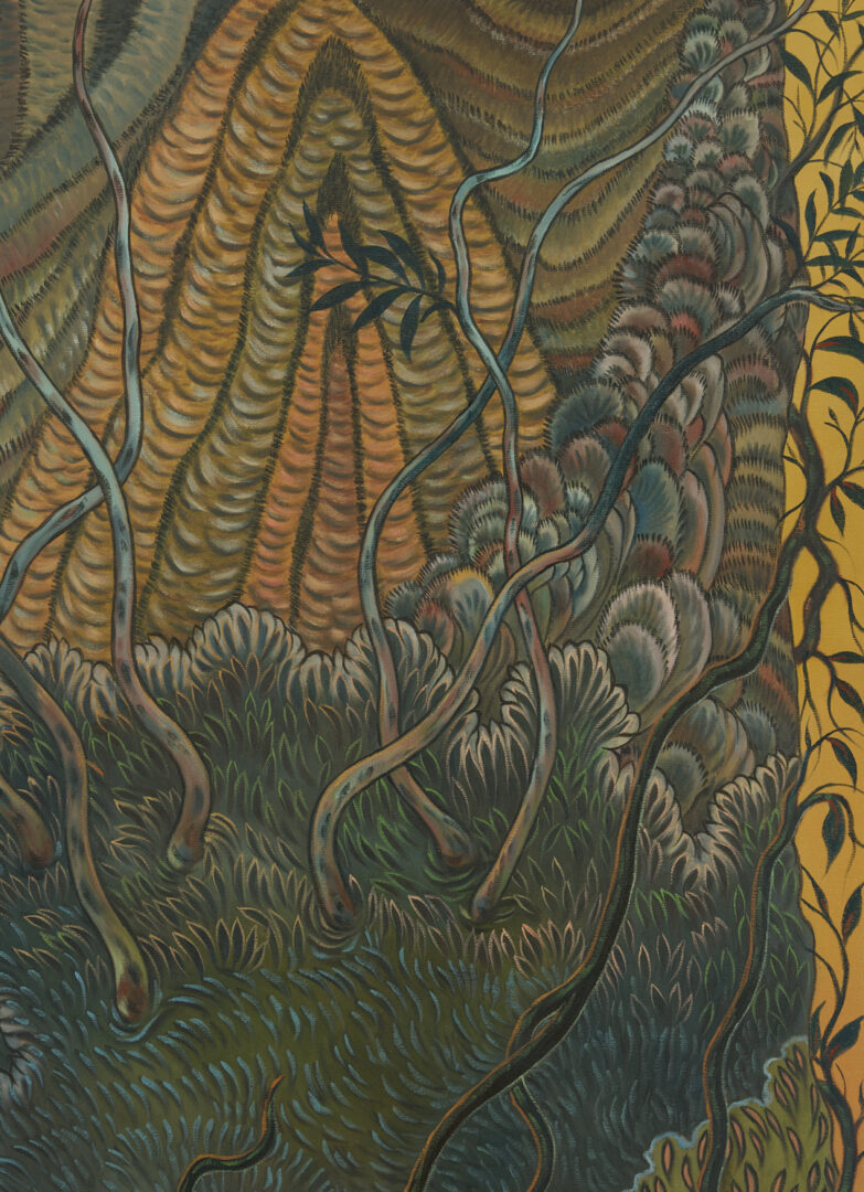 Lot 356: Paul Lancaster O/C Painting, Woman and Cat in Landscape