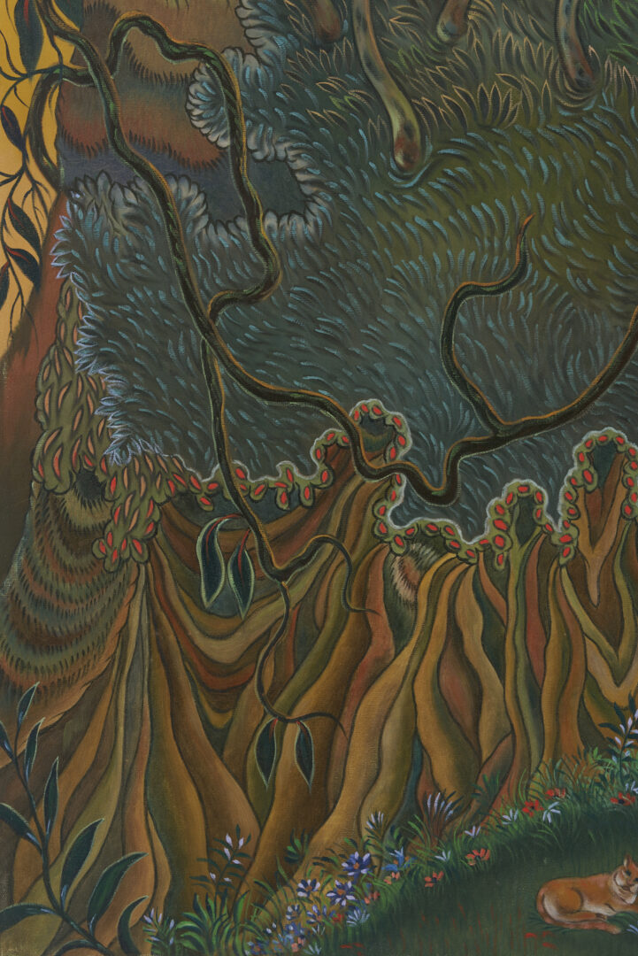 Lot 356: Paul Lancaster O/C Painting, Woman and Cat in Landscape