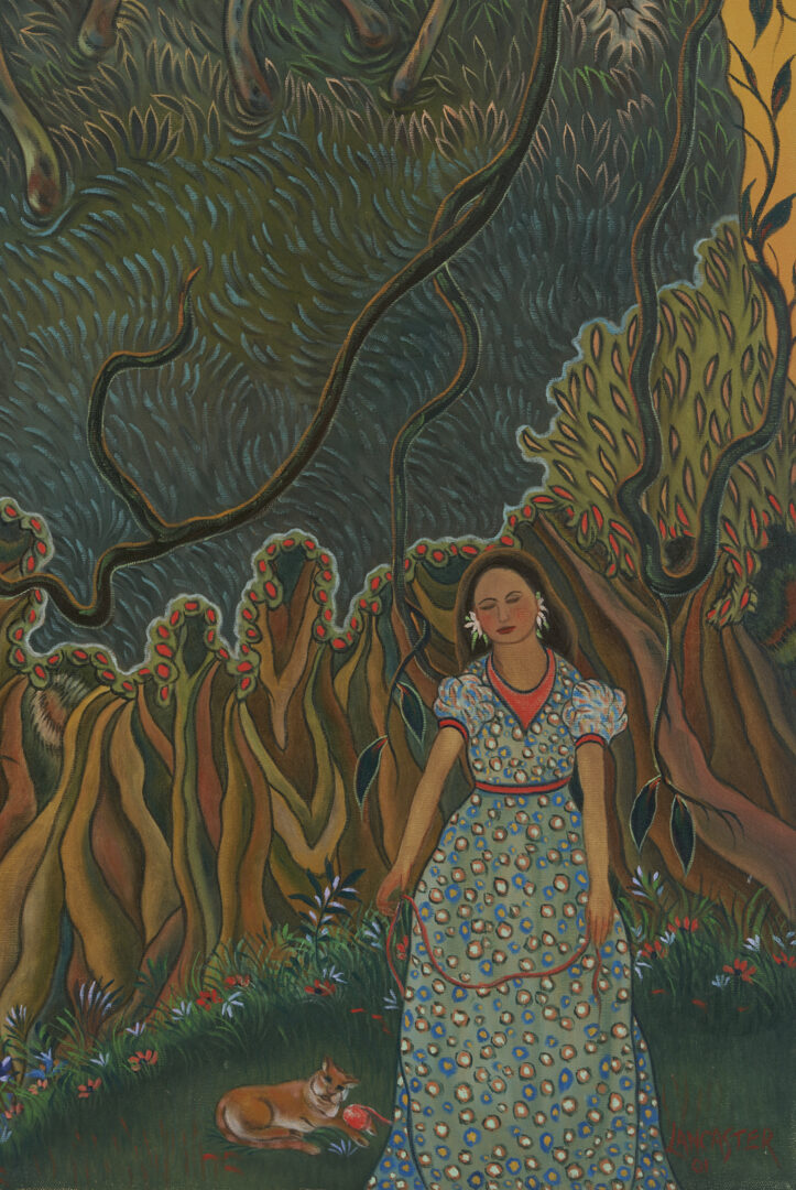 Lot 356: Paul Lancaster O/C Painting, Woman and Cat in Landscape