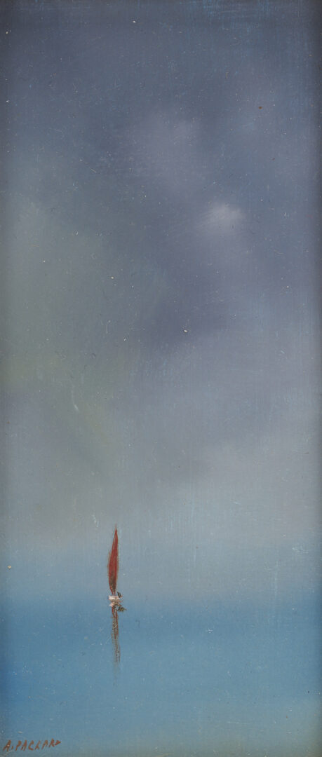 Lot 368: Small Anne Packard Oil on Board Painting, Lone Sailboat