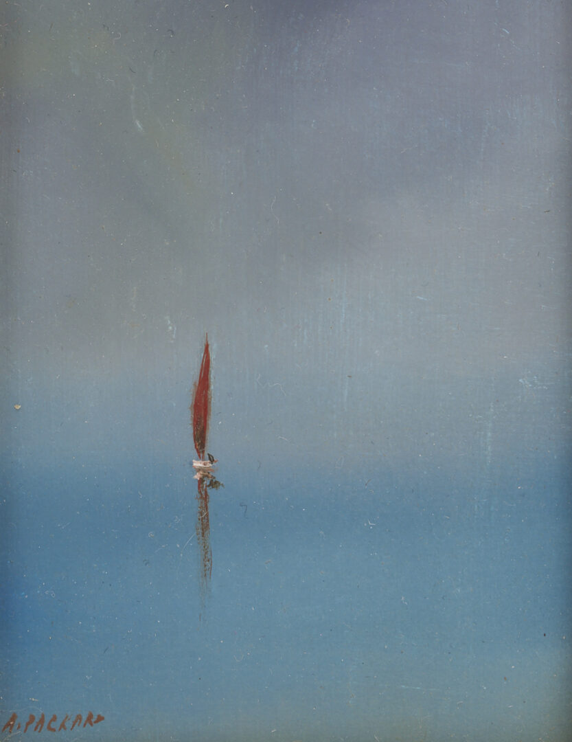 Lot 368: Small Anne Packard Oil on Board Painting, Lone Sailboat
