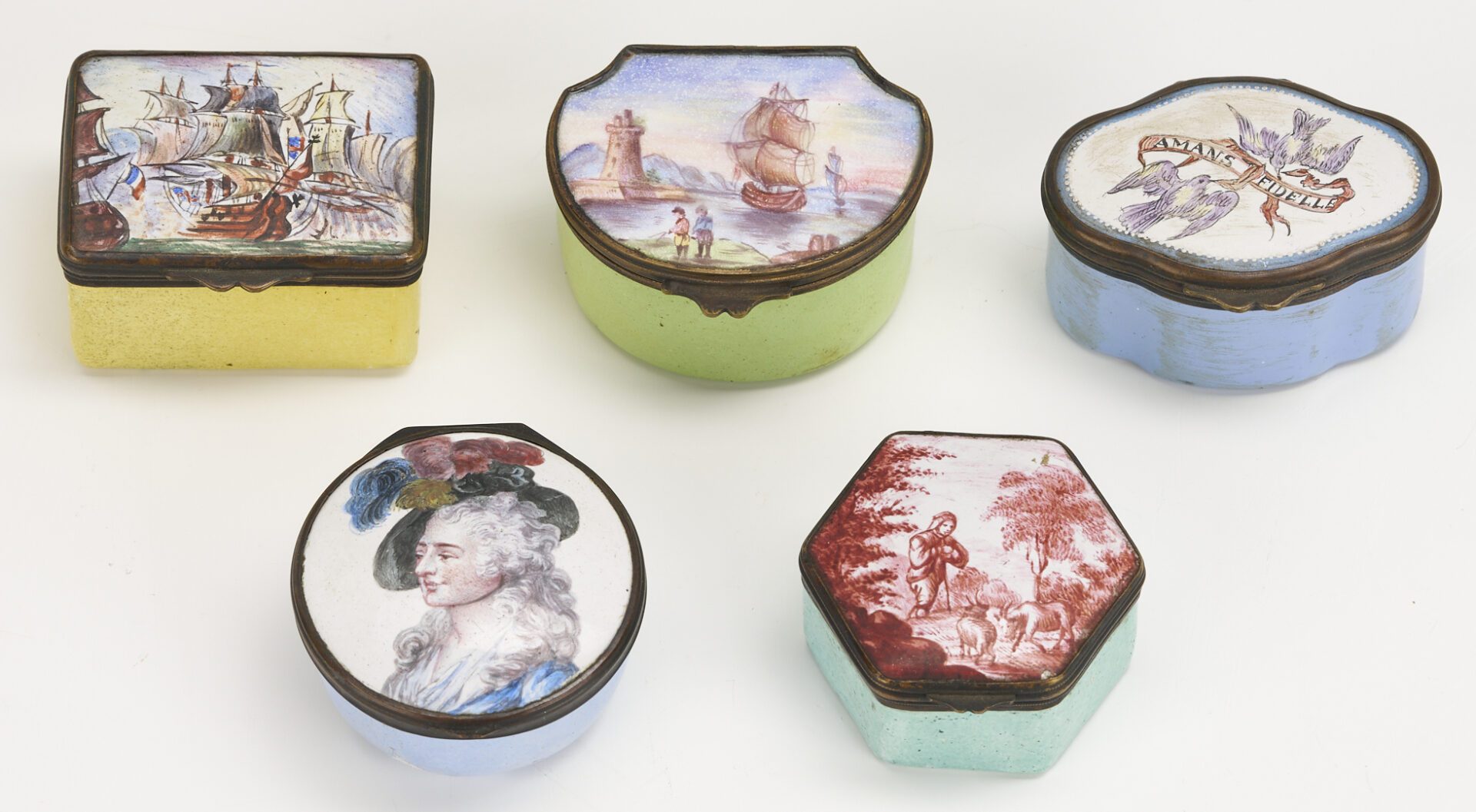 Lot 373: Ten Bilston & Battersea Enamel Boxes