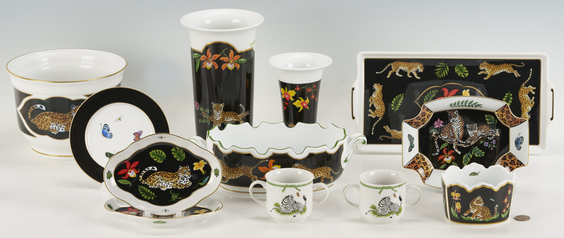 Lot 378: 12 Lynn Chase Jaguar Jungle Decorative Porcelain Items, Incl. Signed