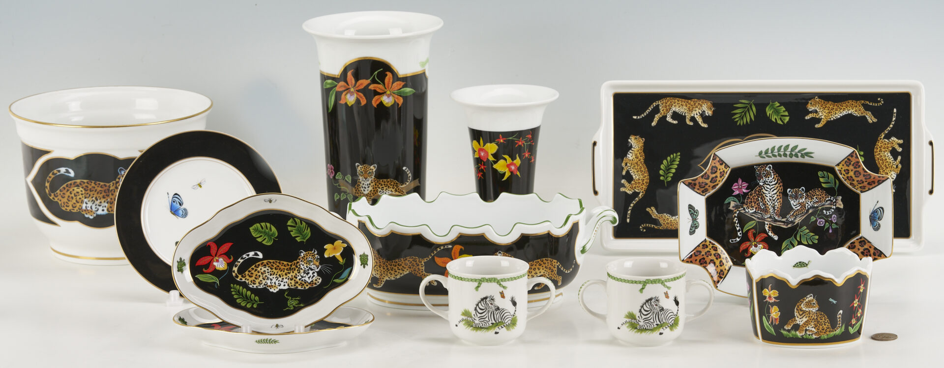 Lot 378: 12 Lynn Chase Jaguar Jungle Decorative Porcelain Items, Incl. Signed