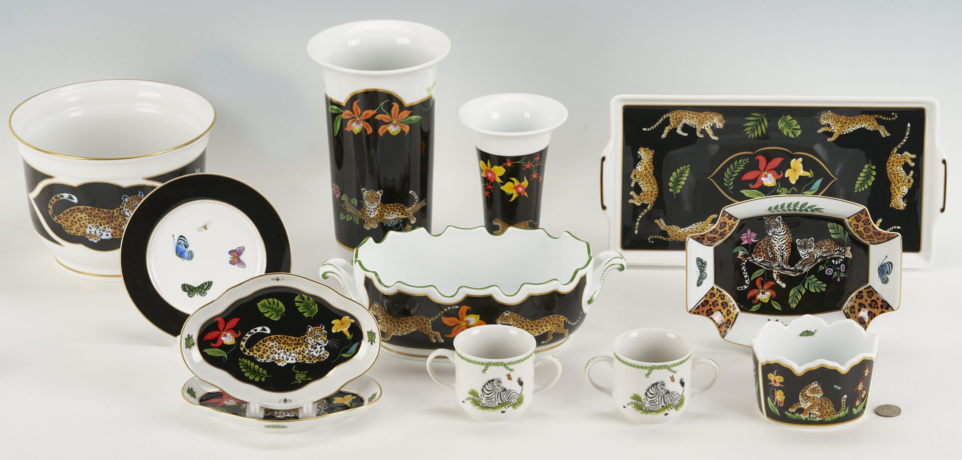 Lot 378: 12 Lynn Chase Jaguar Jungle Decorative Porcelain Items, Incl. Signed